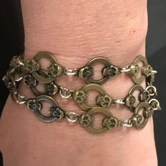 Conceptual Subculture Jewelry - Skull Chain Brass Bracelet Triple Steampunk Handmade Gothic Goth Punk Rock Skull